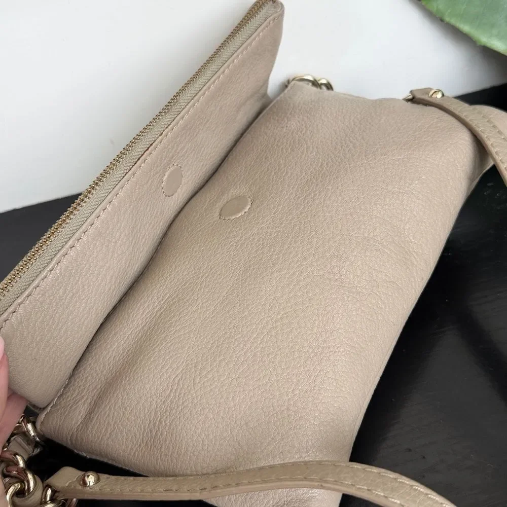Kate Spade genuine leather taupe foldover crossbody shoulder purse bag neutral